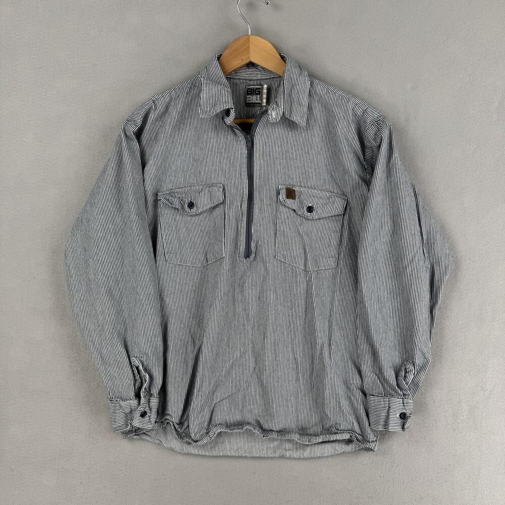 Vintage Big Bill Shirt Mens Medium Blue Stripe Long Sleeve 1/2 Zip Cotton USA